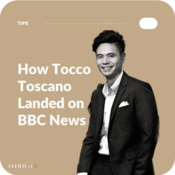 Elliot & Co. tip card featuring How Tocco Toscano Landed on BBC News with a portrait of the founder