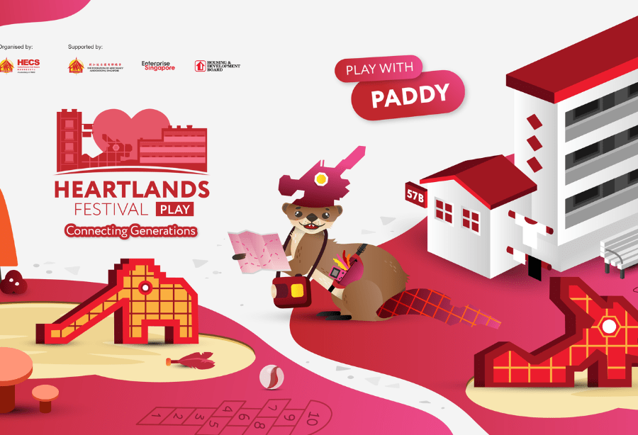 Heartlands Festival Play campaign illustration with Paddy mascot and red HDB block graphics