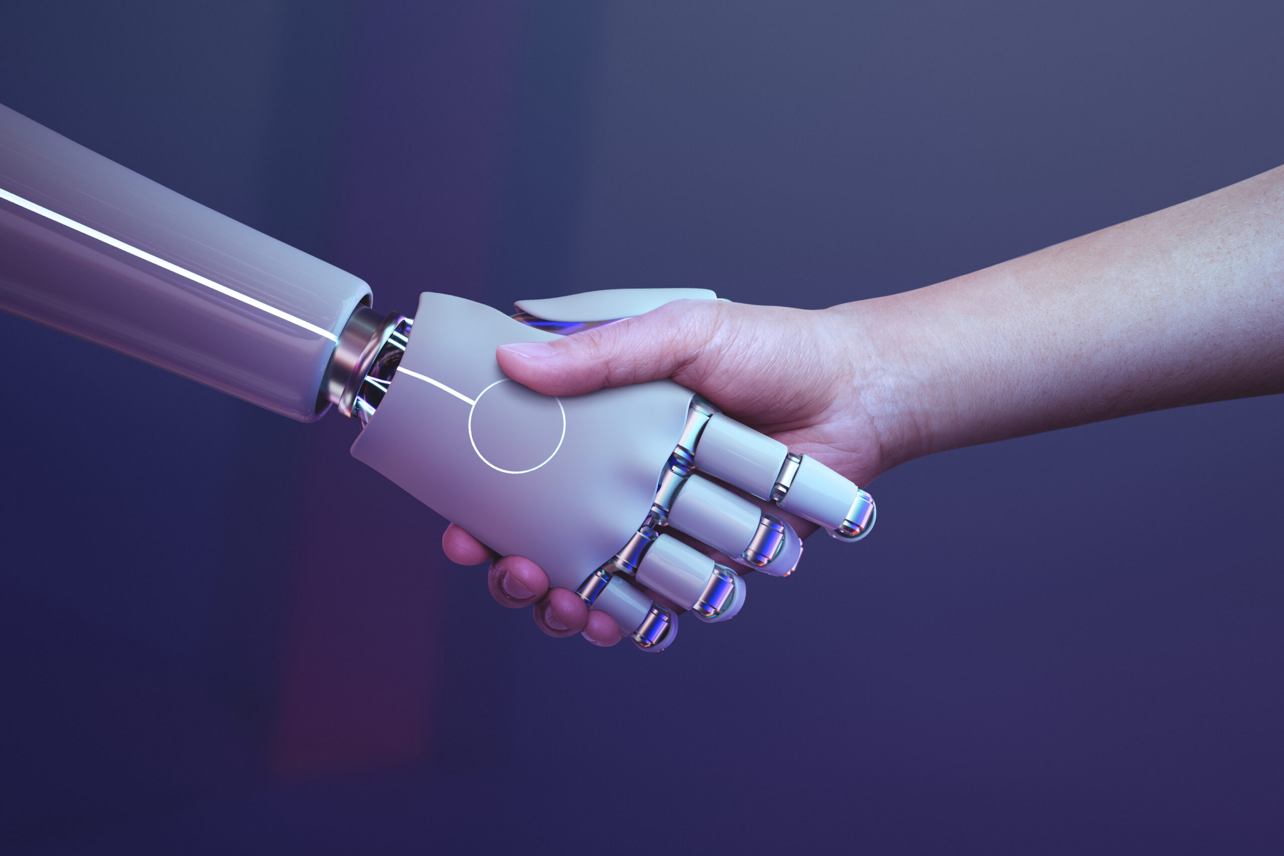 Robotic hand shaking a human hand, symbolising AI collaboration in public relations