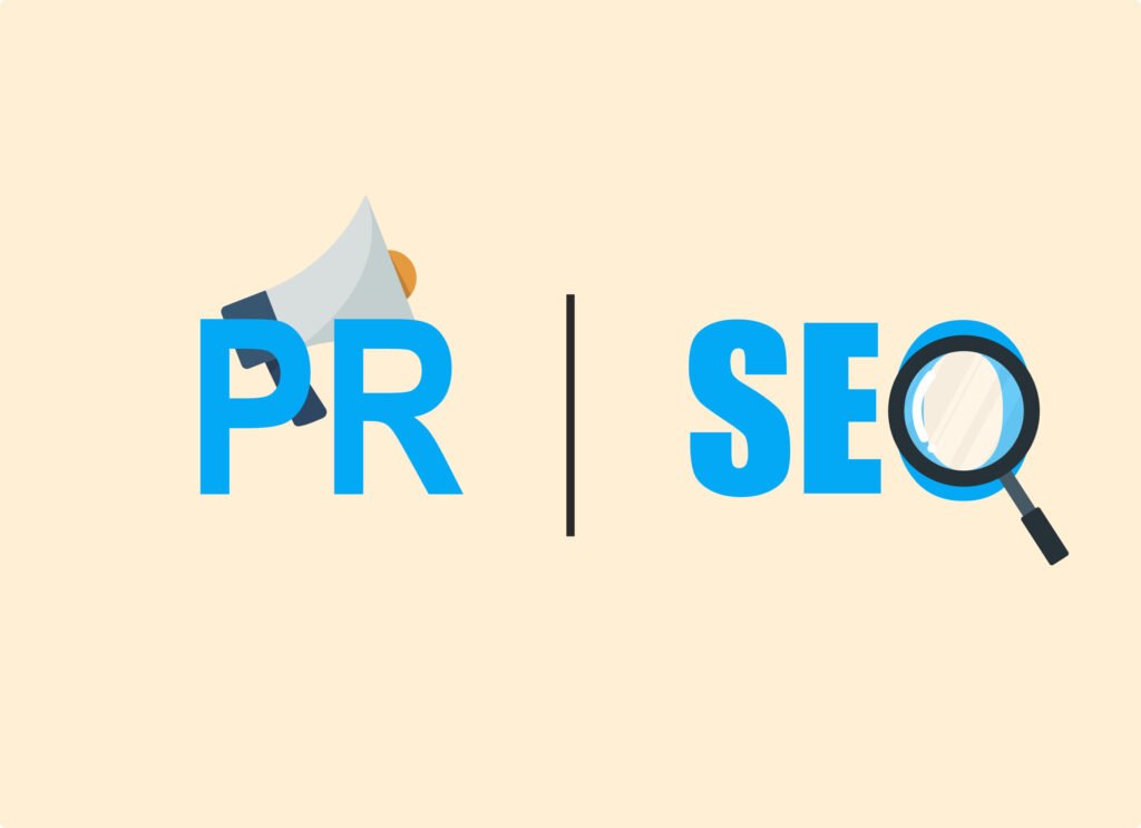 Flat illustration contrasting PR with a megaphone icon and SEO with a magnifying glass on beige background